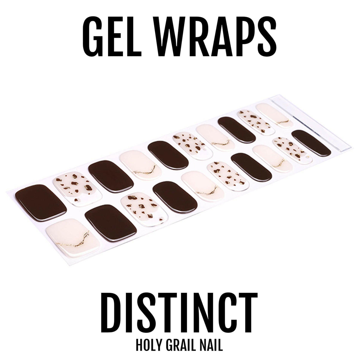 Semi-cured gel nail wraps sheet showing brown and nude shades with gold polka dots