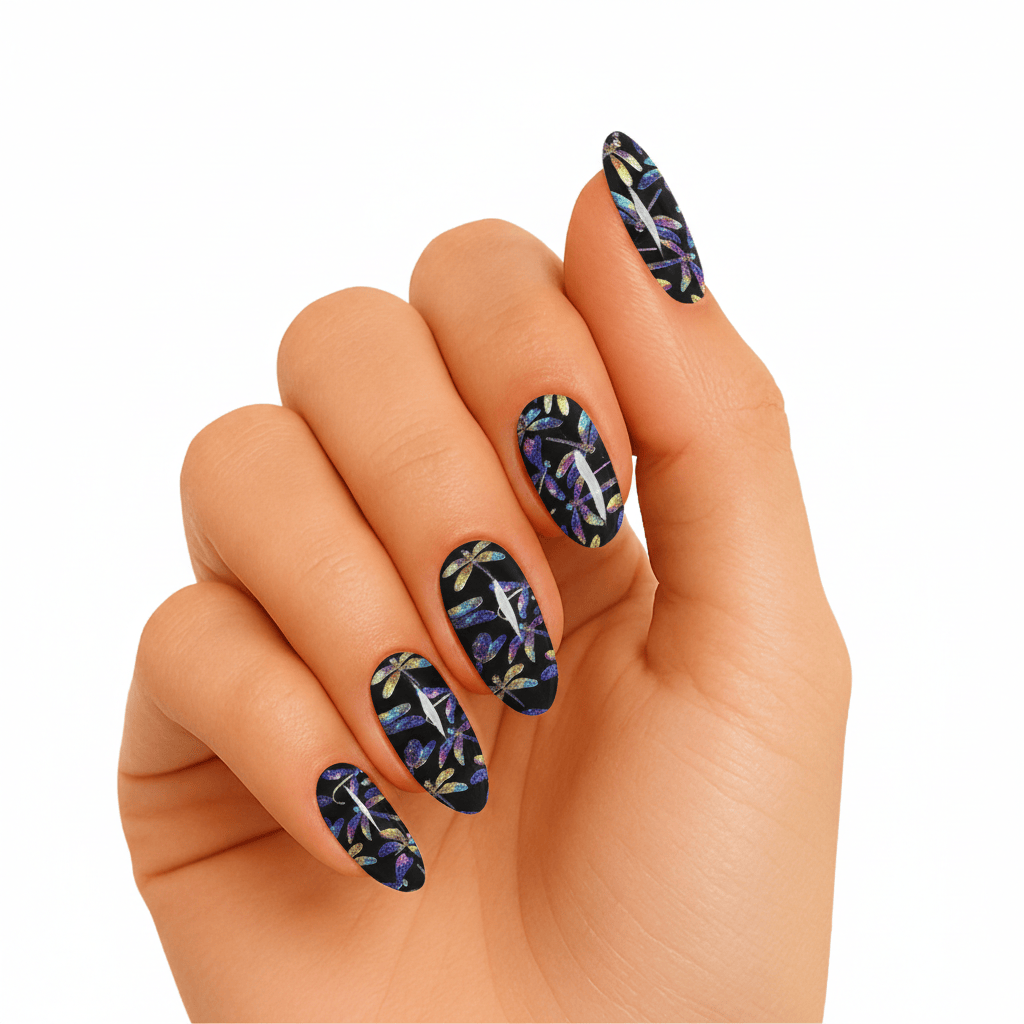 Purple holographic dragonfly gel nail wraps on hand with iridescent mystical design