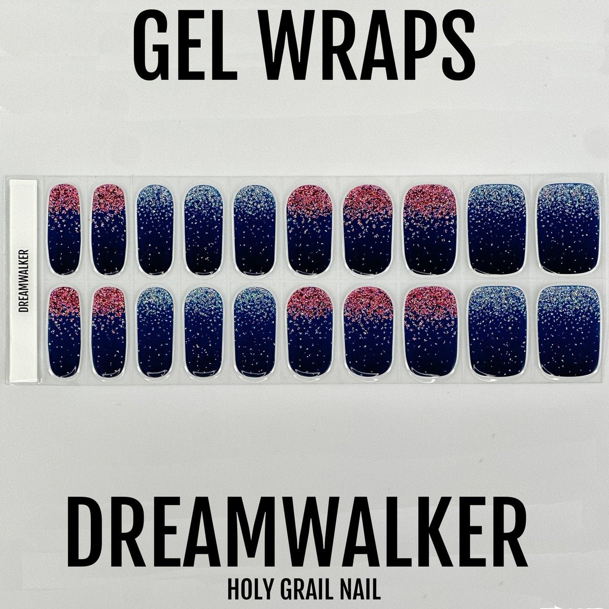 Dreamwalker gel nail wraps sheet showing navy blue glitter gradient design with rose gold accents