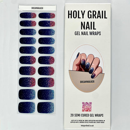 Navy blue glittery gel nail wraps with rose gold accents in packaging with size chart