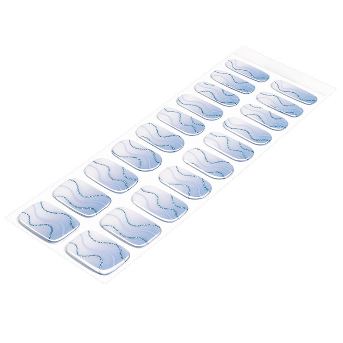 Blue marble effect gel nail wraps with flowing wave patterns in powder blue