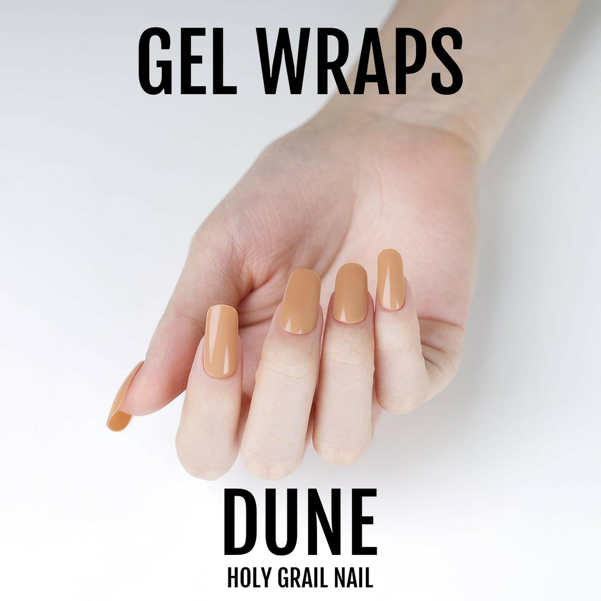 Caramel brown gel nail wraps on hand showing glossy nude manicure finish