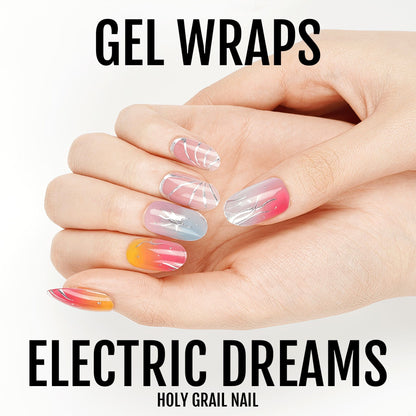 Colourful marble gel nail wraps on hand featuring neon swirls and electric rainbow patterns