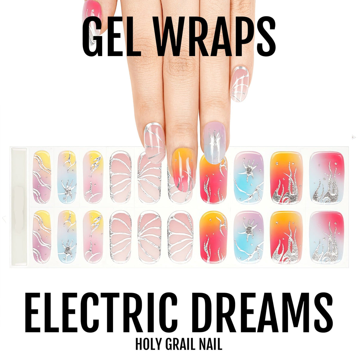 Electric Dreams gel nail wraps sheet showing psychedelic marble swirl patterns in rainbow colours