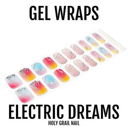 Semi-cured gel nail wraps with neon marble swirls displayed on white background sheet