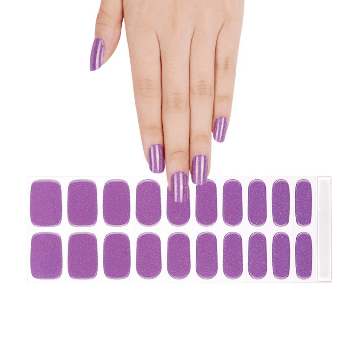 Hand wearing purple shimmer gel nail wraps with complete nail wrap sheet display