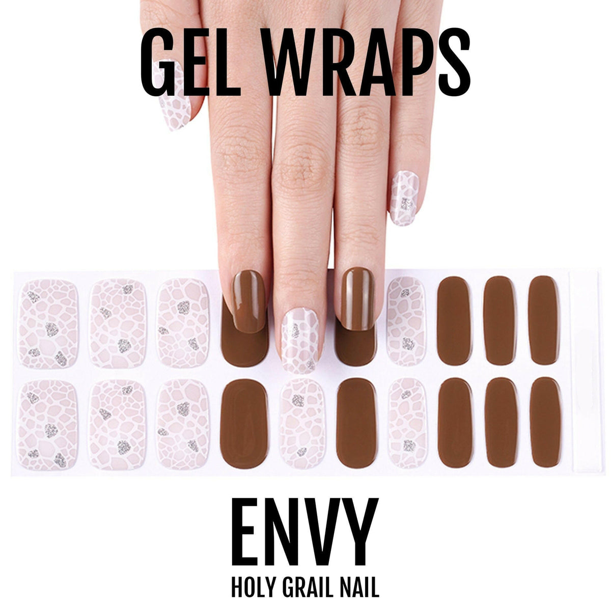 Brown chocolate gel nail wraps with white pearl pattern on hand manicure