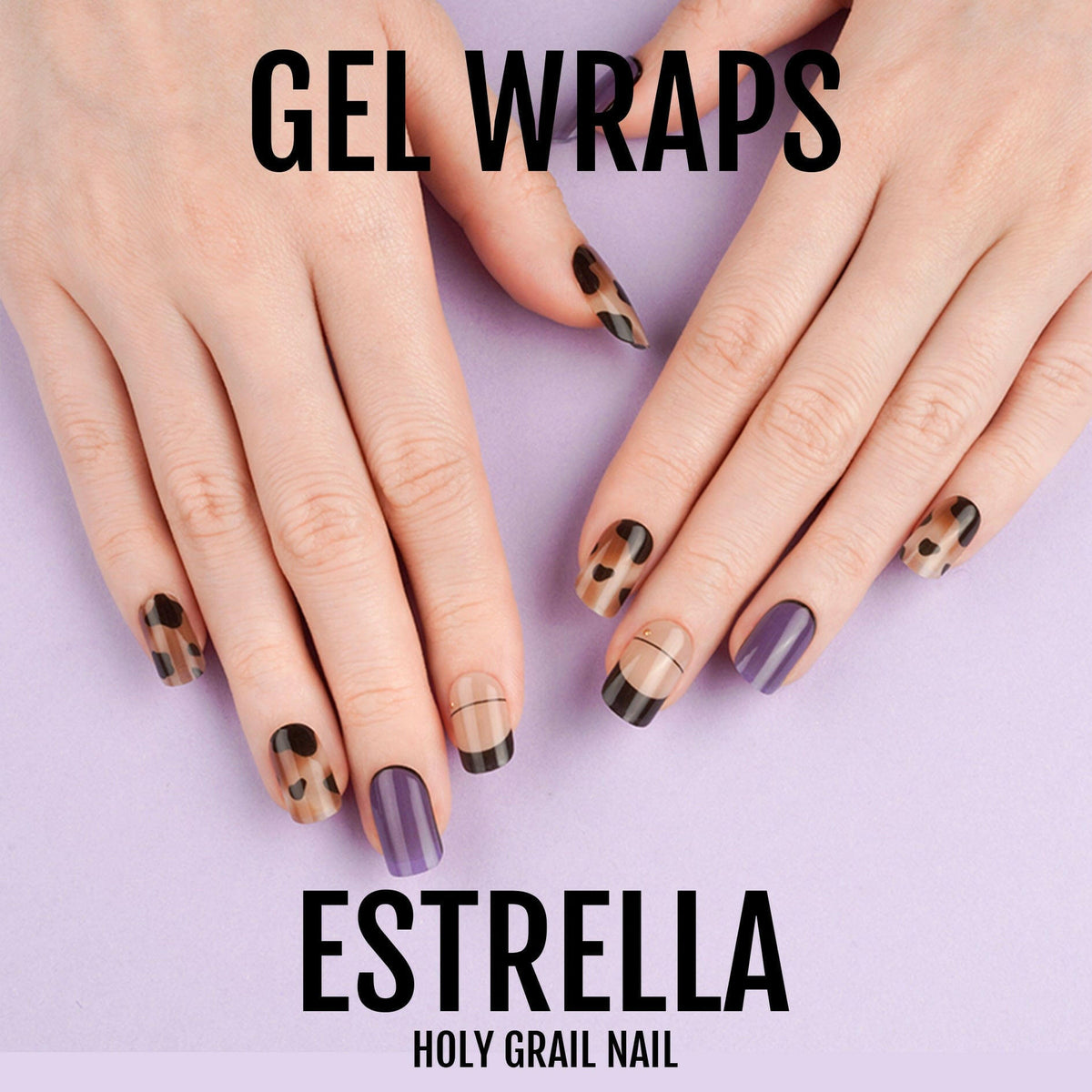 Purple and brown leopard print gel nail wraps with glossy finish on hands manicure