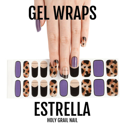 Purple and leopard print gel nail wraps on hand showing mixed animal print manicure design
