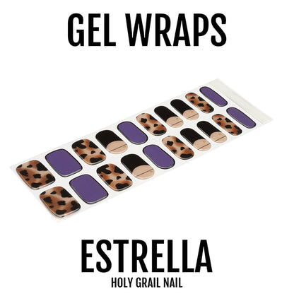 Semi-cured gel nail wraps sheet featuring purple solid and brown leopard print patterns for at-home manicure