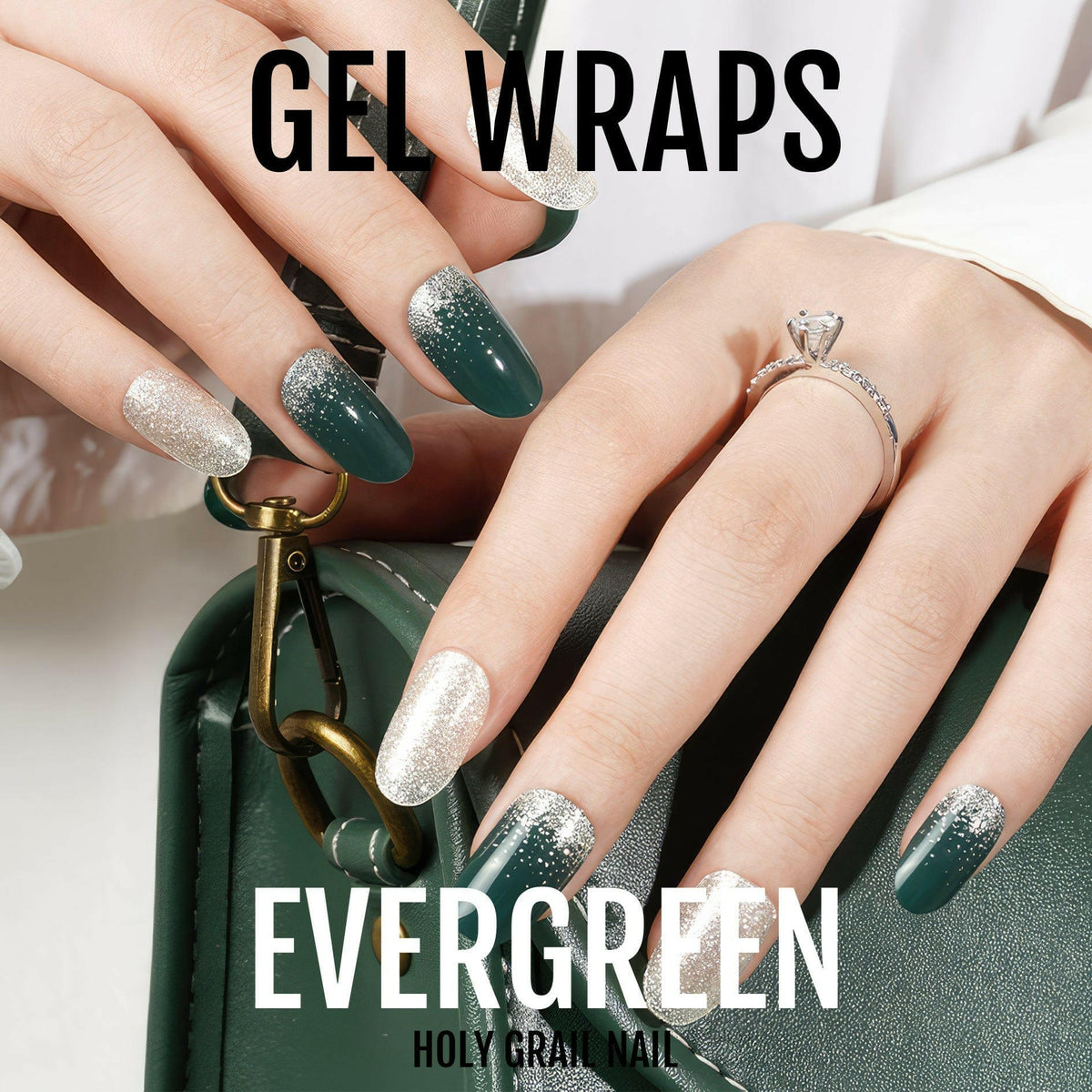 Two hands showing forest green and champagne glitter gel nail wraps manicure