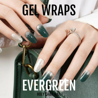 Two hands showing forest green and champagne glitter gel nail wraps manicure