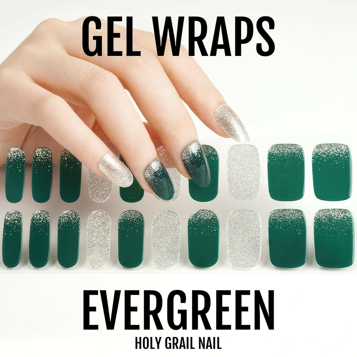 Evergreen gel nail wraps sheet showing forest green and champagne glitter two-tone design
