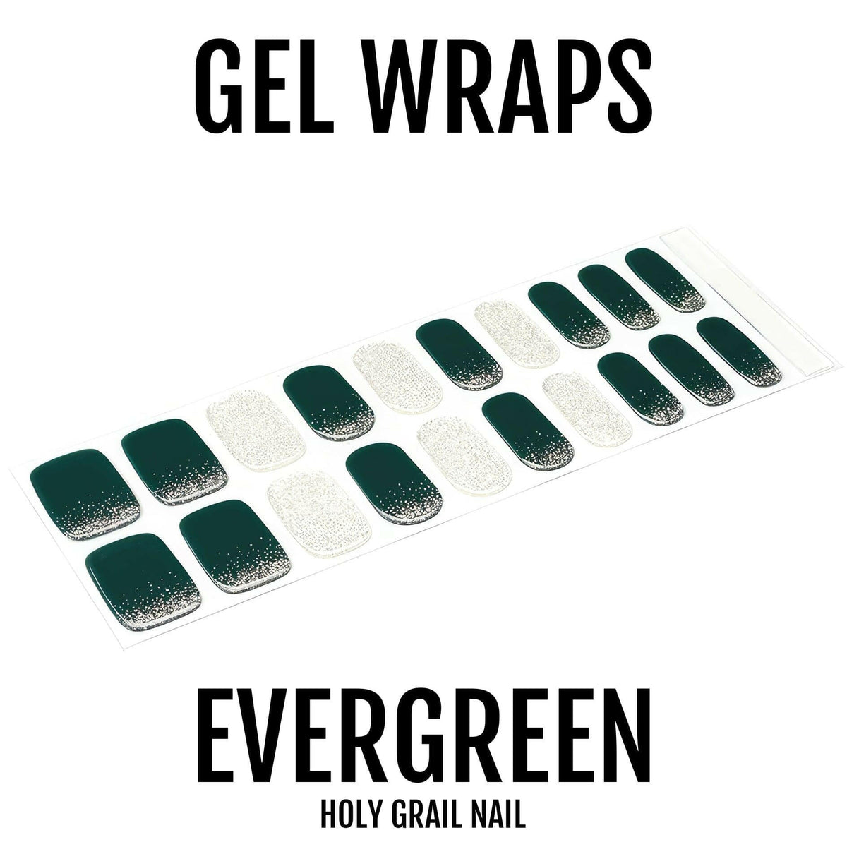 Forest green gel nail wraps with glitter gradient and champagne accent strips