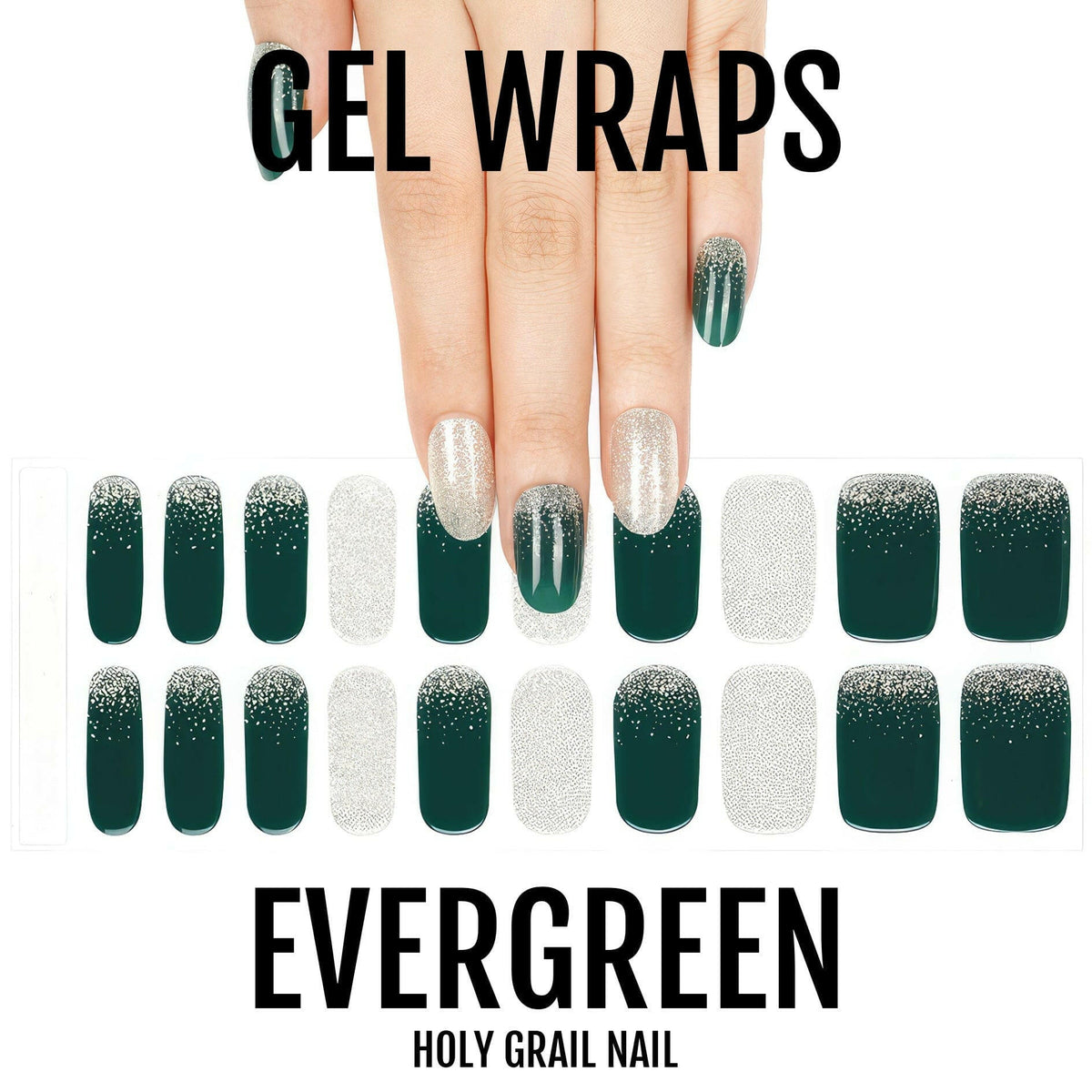 Hands displaying green glitter gel nail wraps with champagne French tip design