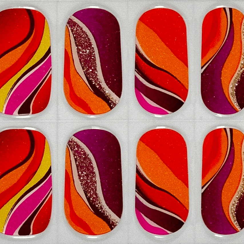 Bold geometric gel nail wraps with red orange purple swirl pattern design