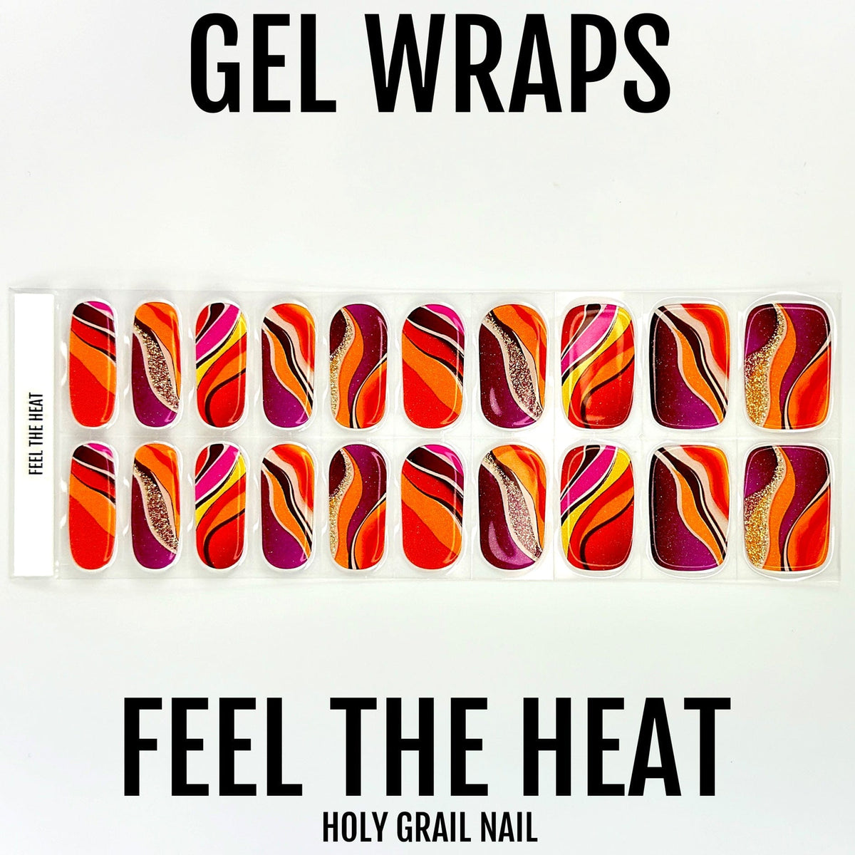 Geometric striped gel nail wraps sheet with red orange purple wave pattern
