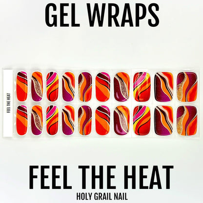 Geometric striped gel nail wraps sheet with red orange purple wave pattern
