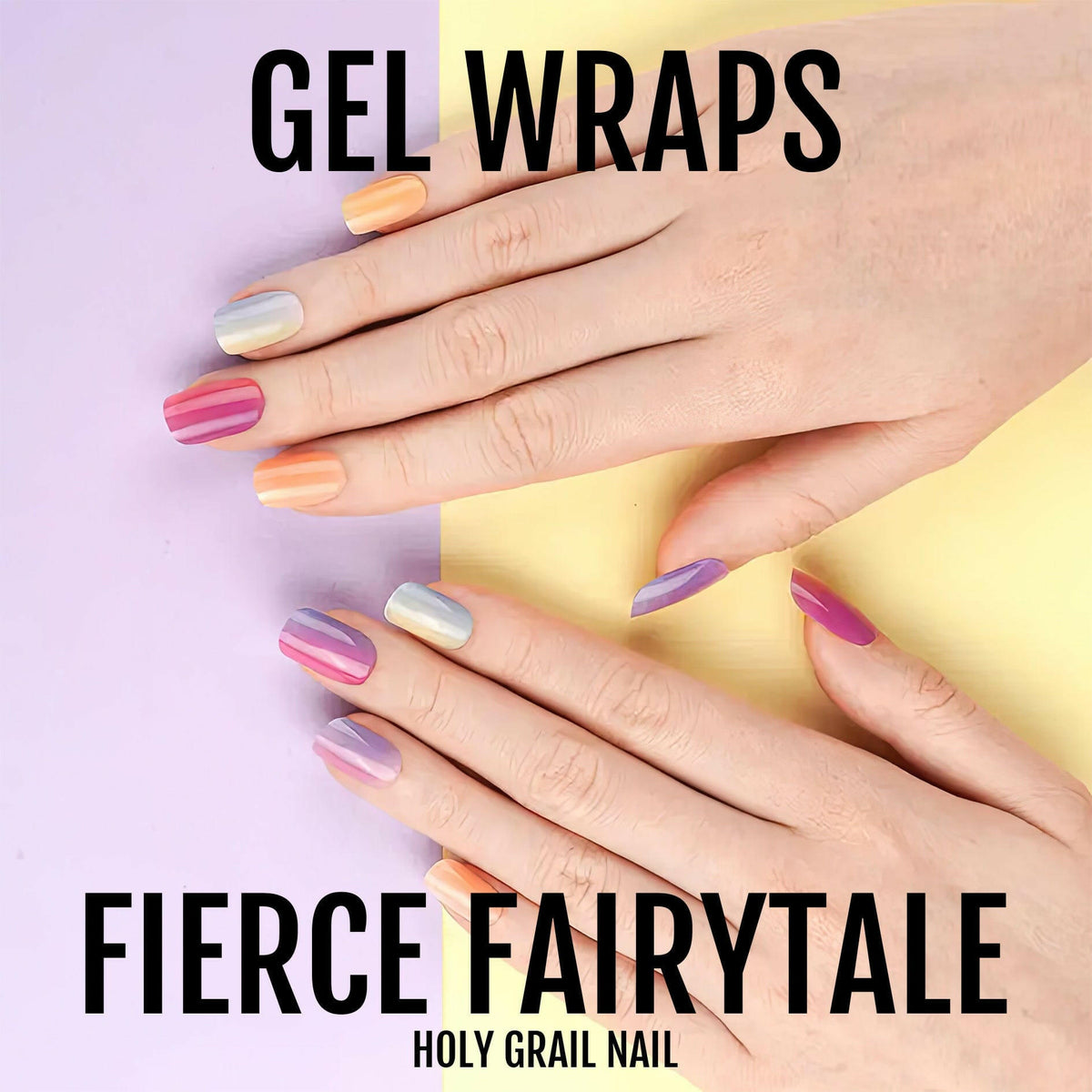 Multicolour gel wraps on hands pink purple coral ombre gradient fairytale manicure