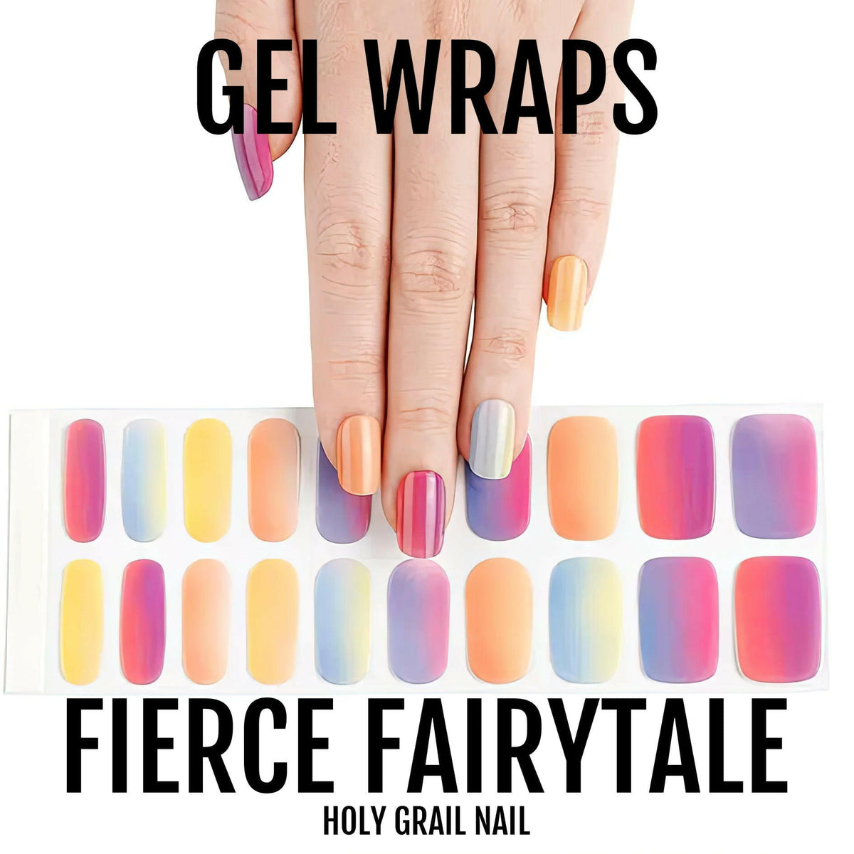 Hand wearing multicoloured ombre gel nail wraps in pink, purple, coral and yellow gradient shades