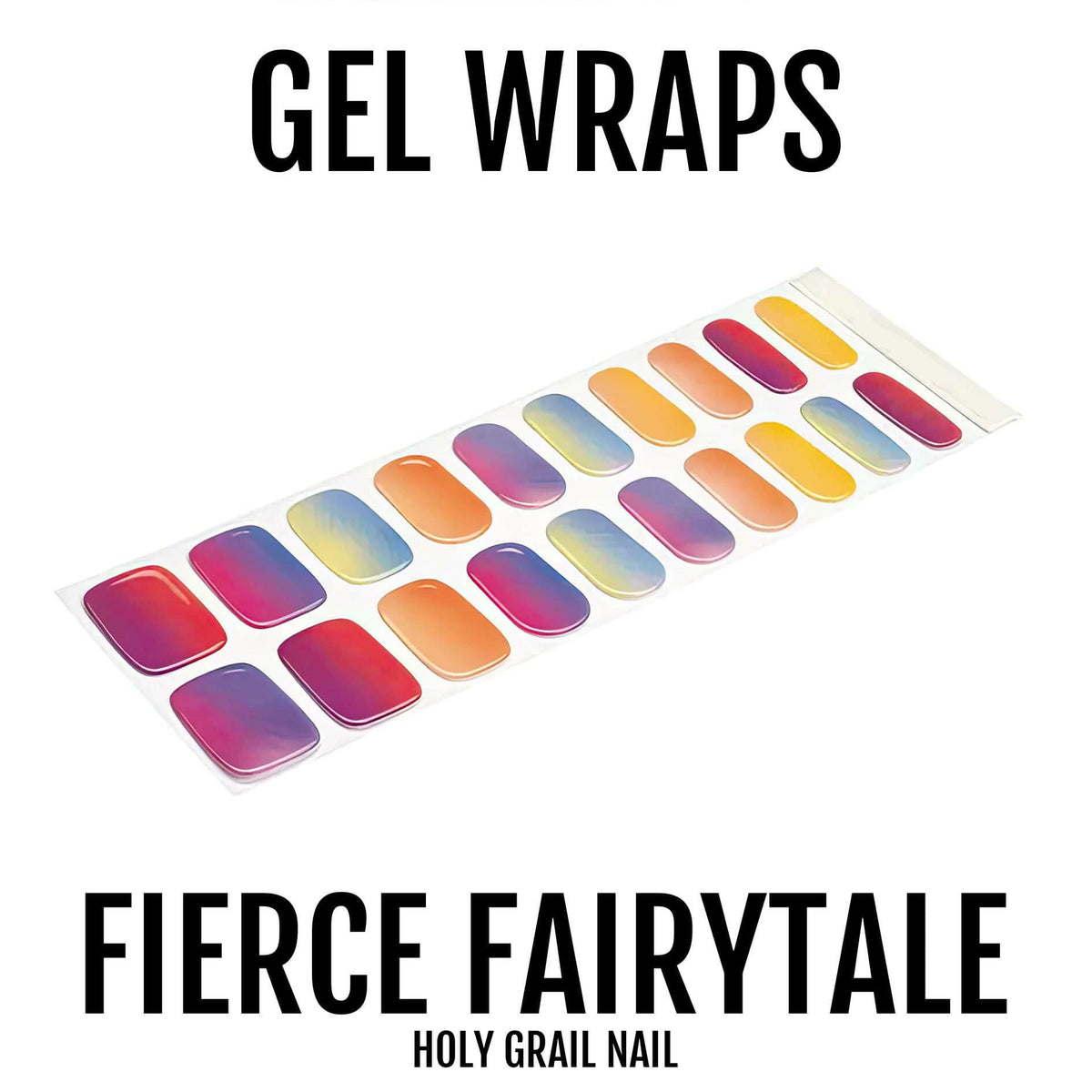 Gradient gel nail wraps sheet showing pink, purple, coral and yellow ombre nail art designs
