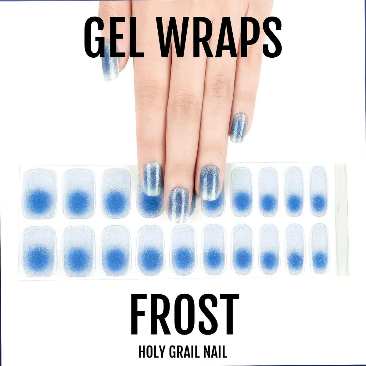 Hand displaying blue gradient gel nail wraps with frost shimmer effect nail sheet