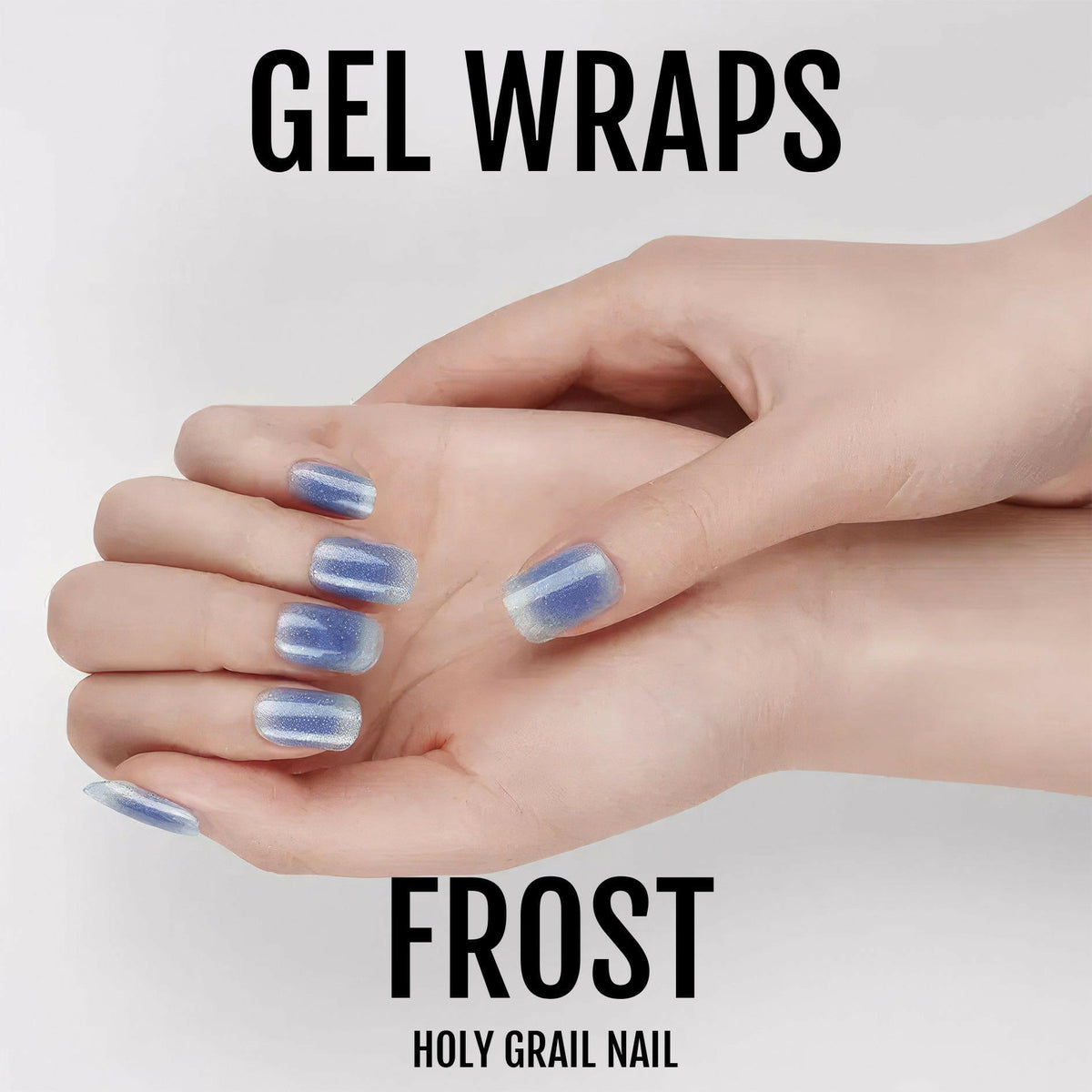 Clasped hands showing blue shimmer gel wraps with frost effect manicure design
