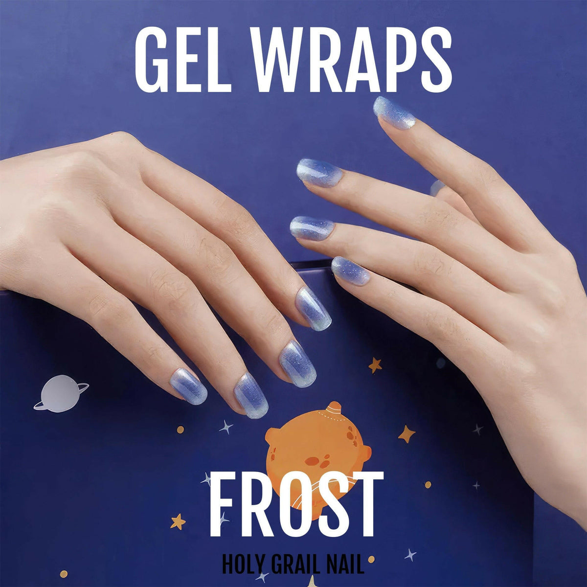 Blue shimmer gel nail wraps on hands with icy frost finish winter nail art