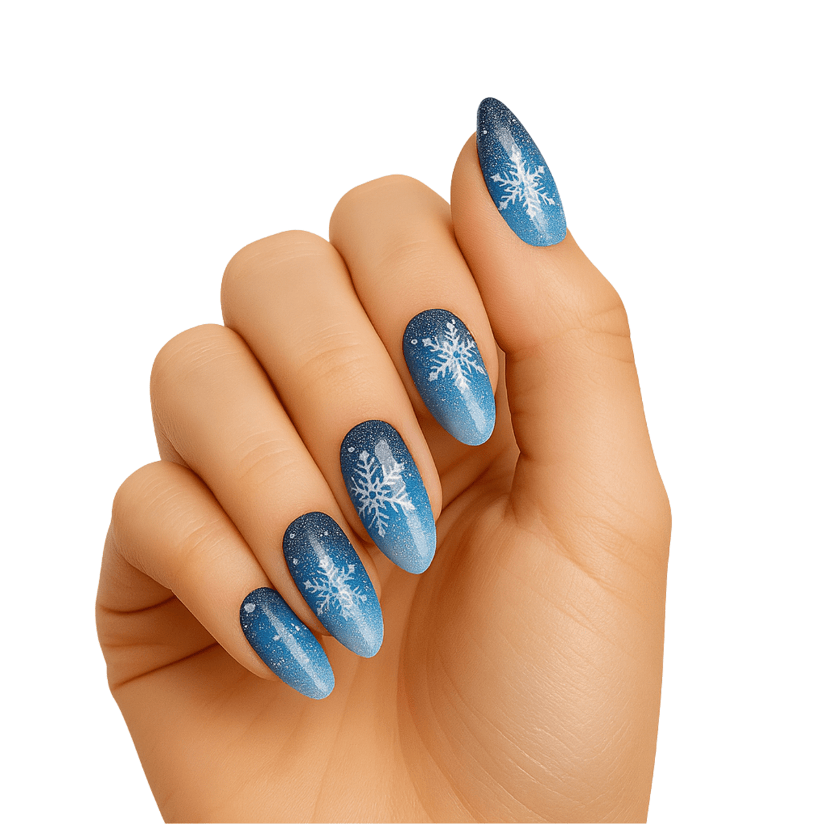 Blue gradient gel nail wraps with white snowflake designs on hand winter manicure