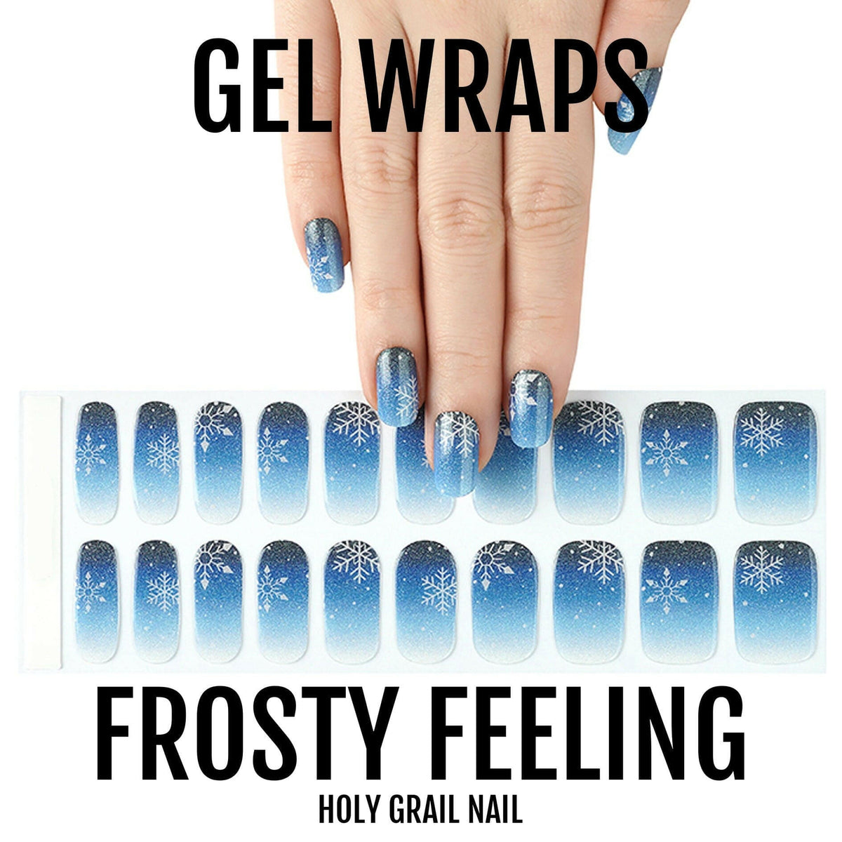 Complete blue snowflake gel nail wraps set with hand model winter designs