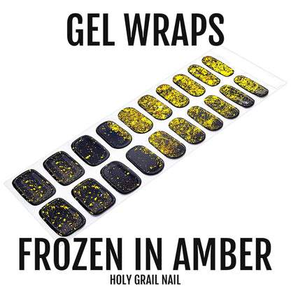 Dark gel nail wraps with golden amber glitter sparkle effect complete set