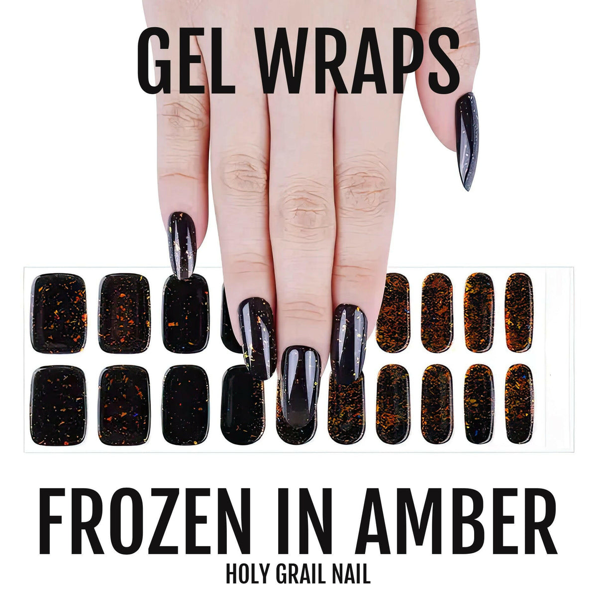 Dark amber glitter gel nail wraps with black holographic finish displayed with sample nails on hand