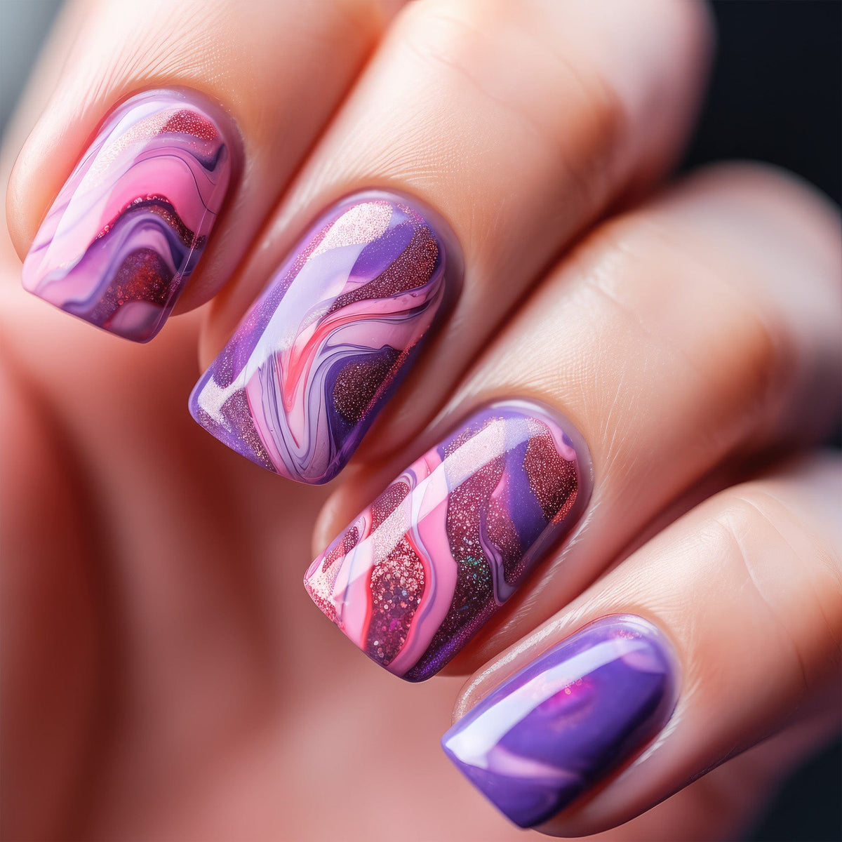 Purple and pink marble swirl gel nail wraps on hand showing abstract fluid patterns