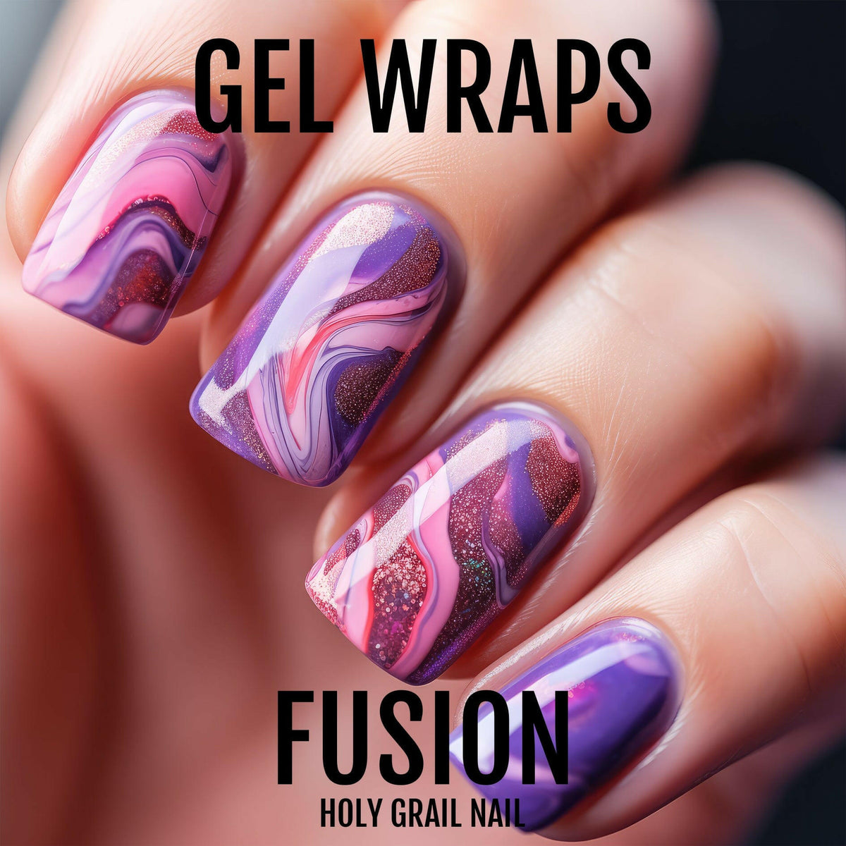 Purple pink marble gel nail wraps promotional image showing swirl pattern design