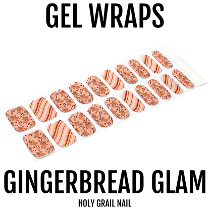 Orange glitter gel nail wraps with gingerbread striped patterns for Christmas at-home manicure