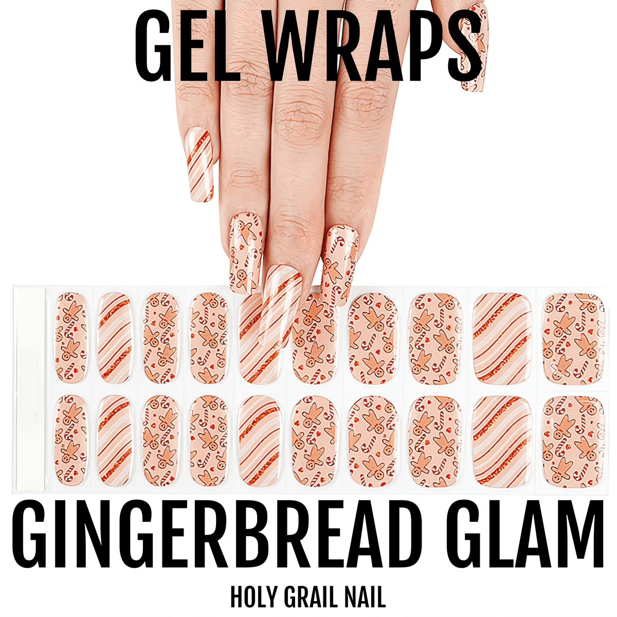 Festive gel nail wraps sheet with orange glitter and candy cane striped holiday nail art