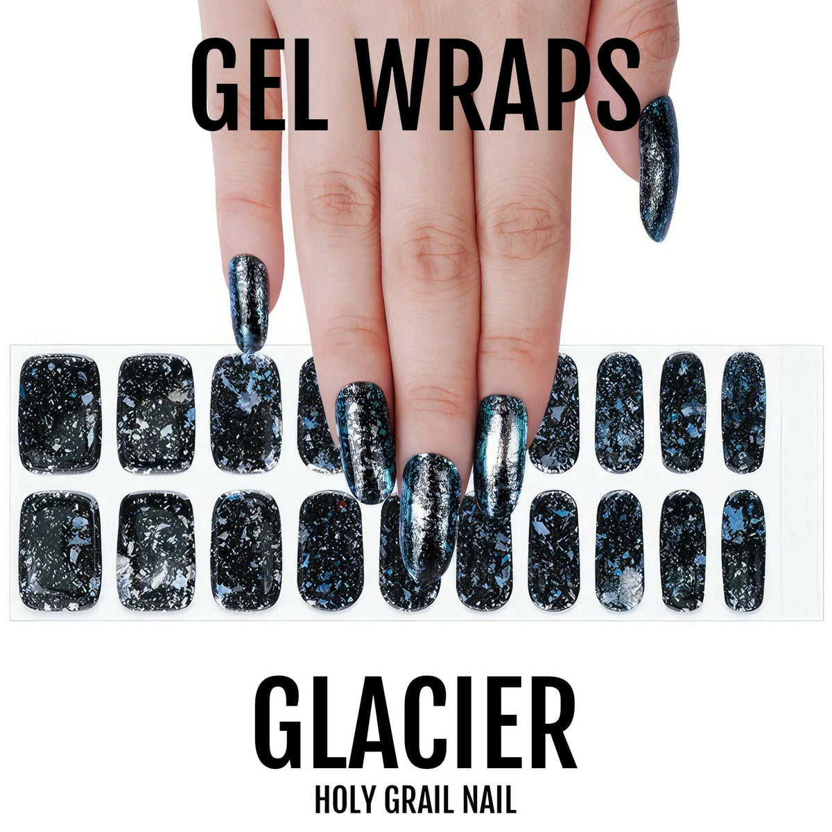 Dark blue holographic glitter gel nail wraps with chrome finish on hand