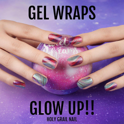 Cosmic gel nail wraps on hands showing holographic galaxy chrome finish purple blue