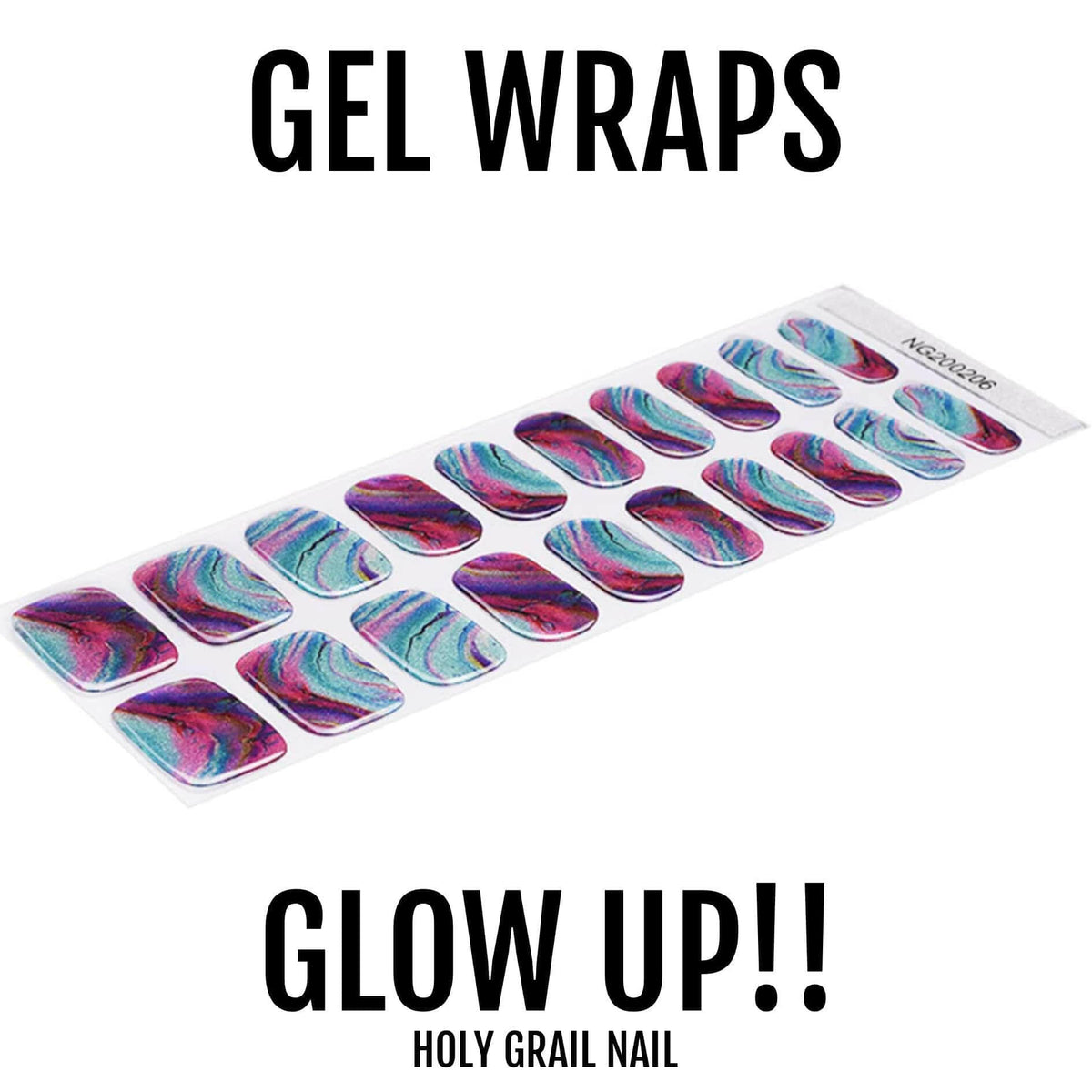 Galaxy gel nail wraps sheet showing holographic chrome strips purple blue cosmic pattern