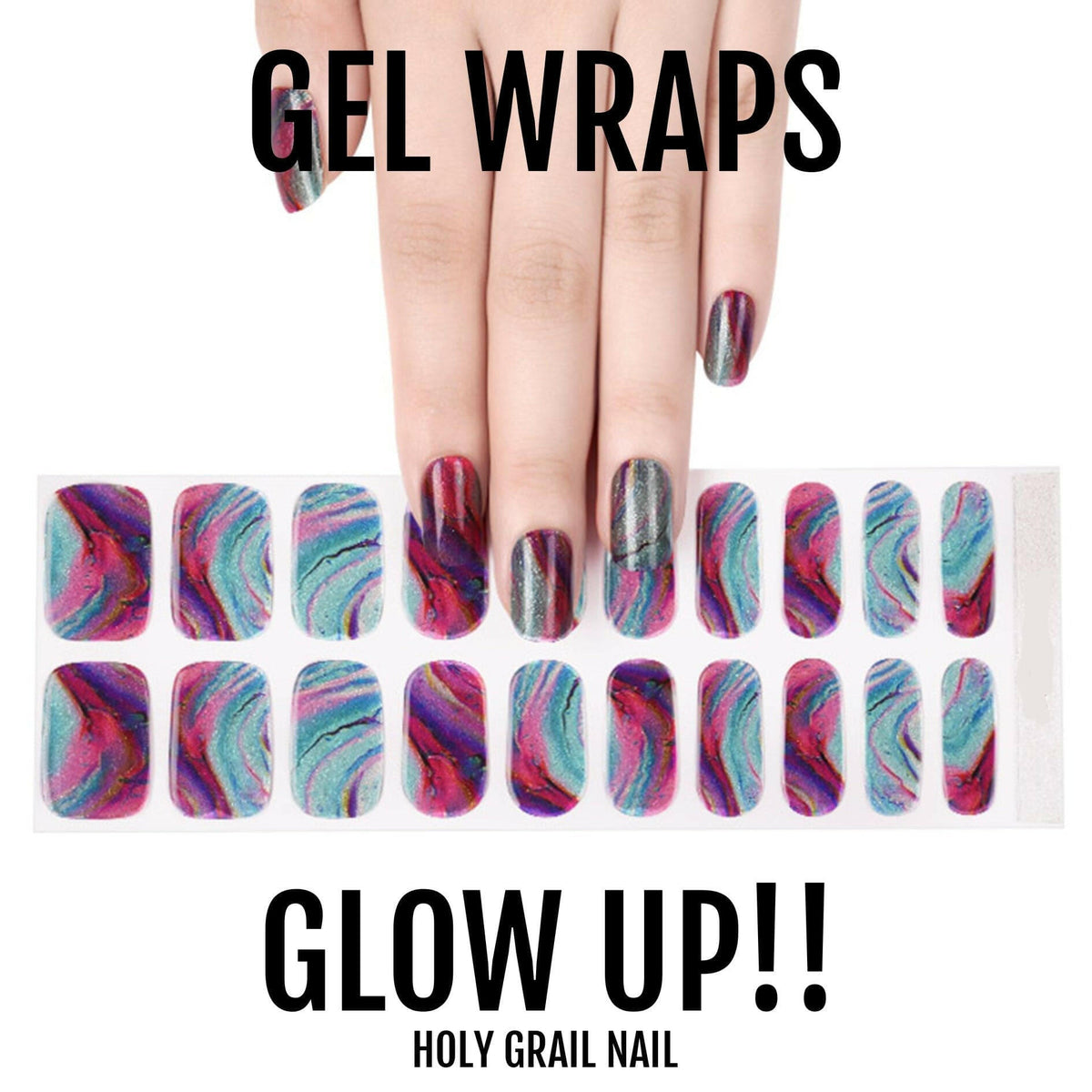 Marble gel nail wraps on hand showing purple blue chrome swirl pattern design