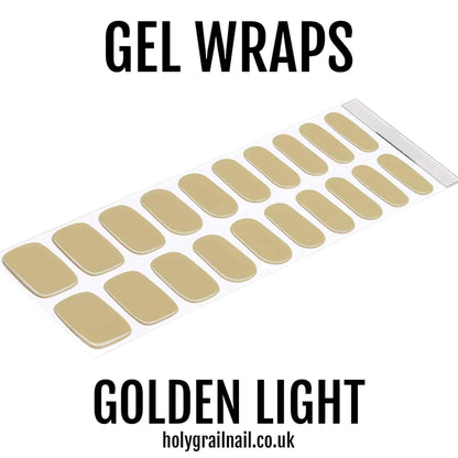 Golden light gel nail wraps set with warm nude metallic finish