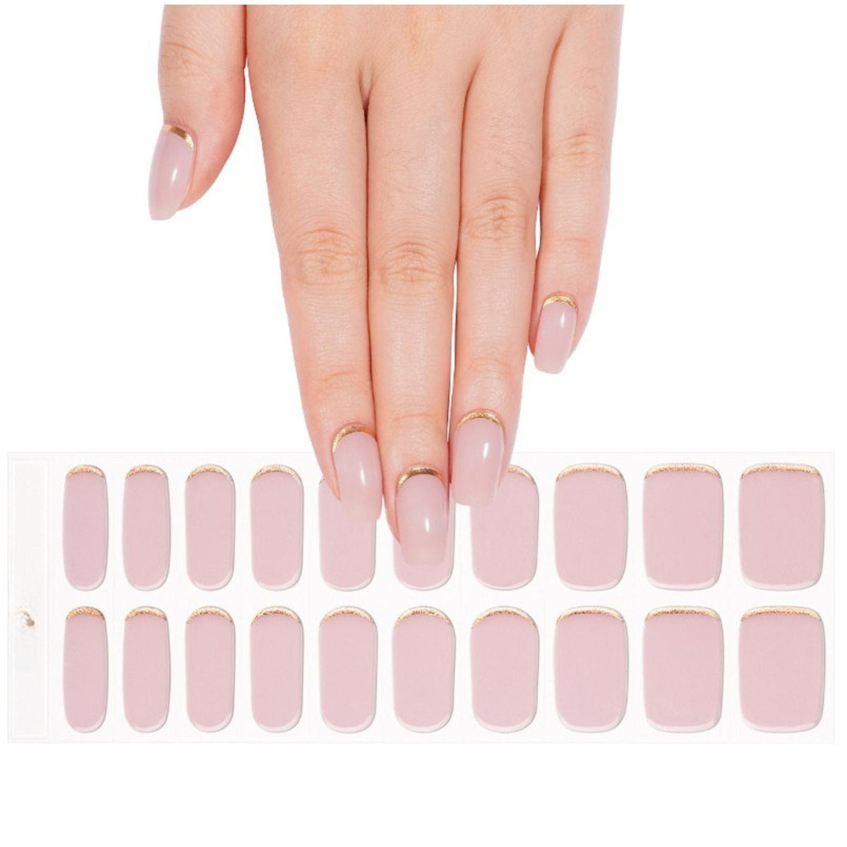 Pink gel nail wraps sheet with gold shimmer finish for DIY manicure