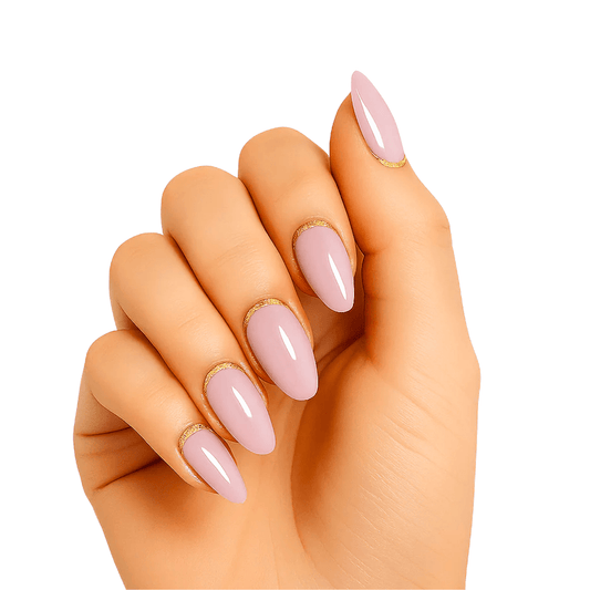 Hand displaying dusty rose pink gel nail wraps with gold shimmer finish