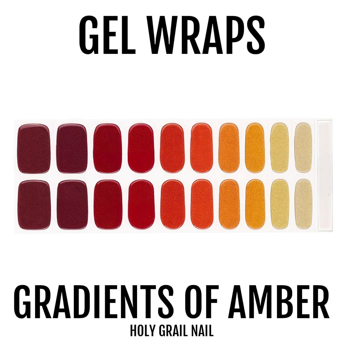 Gel nail wrap colour palette showing amber gradient from burgundy to cream in 22 shades