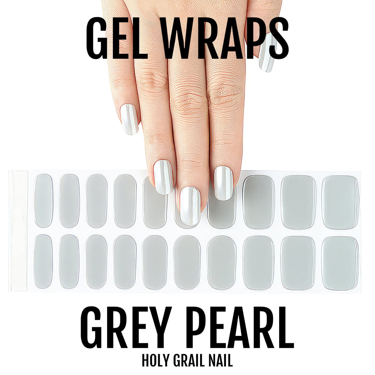 Grey pearl gel nail wraps sheet showing metallic shimmer finish for at-home manicure