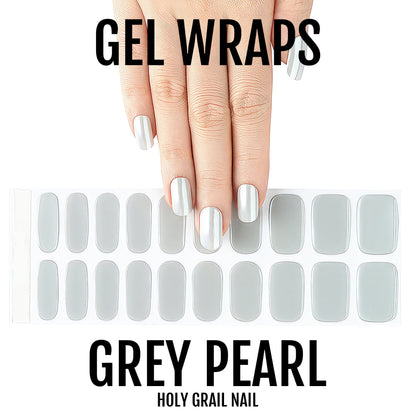 Grey pearl gel nail wraps sheet showing metallic shimmer finish for at-home manicure