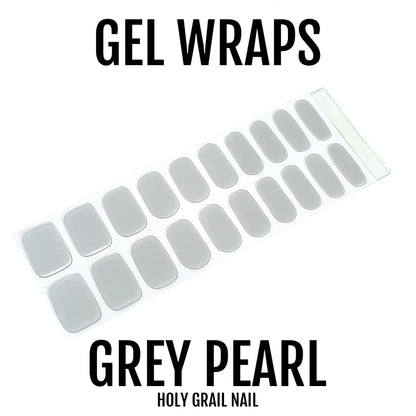 Grey pearl gel nail wraps sheet with lustrous metallic finish on white background