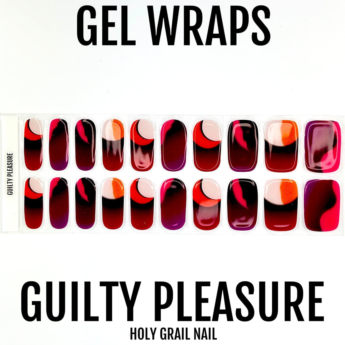 Red orange abstract gel nail wraps flat lay showing colour block design