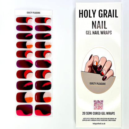Gel nail wraps packaging with red abstract design strips and application guide
