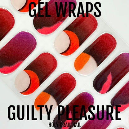 Gel nail wraps in red burgundy orange colour block design abstract pattern